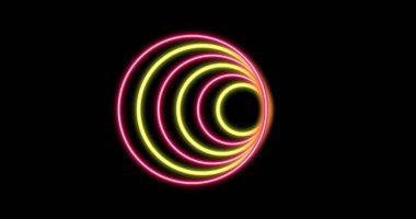 Siyah arkaplanda hareket eden parlak neon halkalar. Işık, desen, renk ve hareket kavramı dijital olarak oluşturuldu.