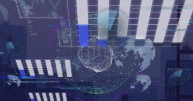 Koyu arkaplan üzerinde küresel ve dijital veri işleme görüntüsü. Küresel siber güvenlik, bağlantılar, hesaplama ve veri işleme kavramı dijital olarak oluşturuldu.