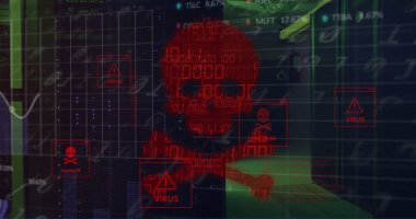 Bilgisayar sunucularında kafatasının, kemiklerin ve veri işlemenin görüntüsü. Küresel siber güvenlik, bağlantılar, bulut hesaplama ve veri işleme kavramı dijital olarak oluşturuldu.