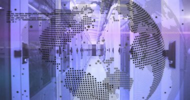 Bilgisayar sunucuları üzerinde veri işleme olan dünya görüntüsü. Küresel finans, iş, bağlantılar, hesaplama ve veri işleme kavramı dijital olarak oluşturuldu.