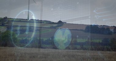 Rüzgar türbini ve yenilenebilir enerji görüntüsü dijital arayüz üzerinde. teknoloji, yenilik, sürdürülebilirlik, çevre, yeşil, güç