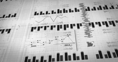 Beyaz arka planda finansal veri işleme resmi. Küresel iş, finans, hesaplama ve dijital arayüz kavramı dijital olarak oluşturuldu.