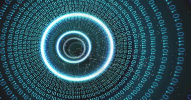 Parlayan eşmerkezli daireli ikili kod tünel görüntüsü. Teknoloji, dijital, veri, siber, sanal, geleceksel