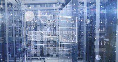 Veri işleme görüntüsü ve diyagramlar sunucu odasında. Küresel teknoloji ve dijital arayüz konsepti dijital olarak oluşturuldu.