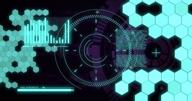 Dürbün taramasında dijital veri işleme resmi. Dijital olarak oluşturulmuş küresel bağlantılar, hesaplama ve veri işleme kavramı.