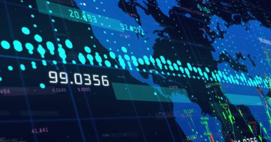 Karanlık arkaplan üzerinde veri işleme olan dünya haritası. Küresel finans, iş, bağlantılar, hesaplama ve veri işleme kavramı dijital olarak oluşturuldu.