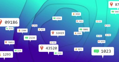 Konum ve bildirim simgeleri resim gradyan mavi ve yeşil arkaplan üzerinde. Teknoloji, arayüz, dijital, iletişim, GPS, uygulama