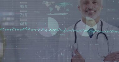 Kafkas erkek doktor üzerinden finansal veri işleme görüntüsü. Küresel finansman, ilaç ve dijital arayüz kavramı dijital olarak oluşturulmuş görüntü.