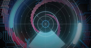 Siyah zemin üzerinde dönen çizgiler üzerinde bilgisayar devre kartı ile tarama alanı görüntüsü. Küresel teknoloji, bilgisayar ve dijital arayüz kavramı dijital olarak oluşturulmuş görüntü.