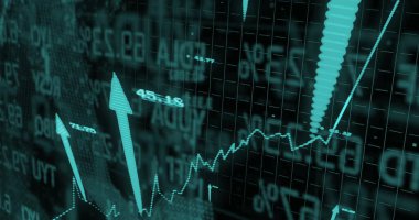 Siyah arka planda işlenen oklar ve finansal veri görüntüleri. Küresel finans, bağlantılar, hesaplama ve veri işleme kavramı dijital olarak oluşturulmuş resim.