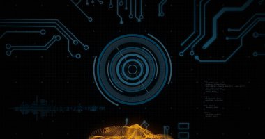 Sarı dalgaların soyut görüntüsü üzerinden dijital devreler ve veri işleme. Teknoloji, yenilik, fütüristik, ağ, bağlantı, elektronik