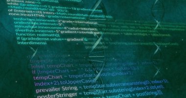 Yeşil arka plandaki DNA iplikçikleri üzerinde veri işleme resmi. Küresel bilim, bilgisayar ve dijital arayüz kavramı dijital olarak oluşturulmuş görüntü.