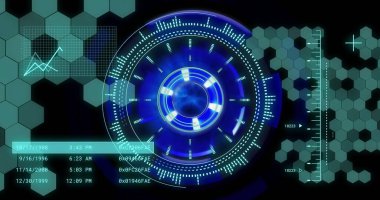 Kapsam taramasında dijital veri işleme resmi. Dijital olarak oluşturulmuş küresel bağlantılar, hesaplama ve veri işleme kavramı.