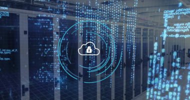 Sunucu odasındaki güvenlik sembolleriyle veri işleme ve tarama görüntüsü. Küresel teknoloji ve dijital arayüz konsepti dijital olarak oluşturuldu.