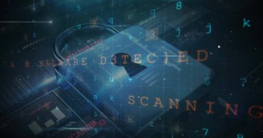 Karanlık arka planda dijital veri işleme ve asma kilit görüntüsü. Küresel siber güvenlik, bağlantılar, hesaplama ve veri işleme kavramı dijital olarak oluşturuldu.