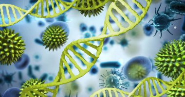 Virüs hücrelerinin üzerindeki DNA iplikleri. Küresel bilim, teknoloji ve dijital arayüz kavramı dijital olarak oluşturulmuş görüntü.