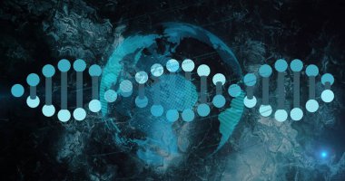 Dünya üzerinde dijital veri işleme görüntüsü ve DNA iplikçikleri dönüyor. Küresel bilim, bağlantılar, hesaplama ve veri işleme kavramı dijital olarak oluşturulmuş görüntü.
