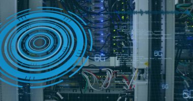 6 G metin resmi, bilgisayar sunucuları üzerinde dijital veri işleme. Dijital olarak oluşturulmuş küresel bağlantılar, hesaplama ve veri işleme kavramı.