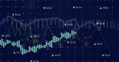 Finansal veri işleme görüntüsü ve karanlık arka plan istatistikleri. Küresel finans, iş, bağlantılar, hesaplama ve veri işleme kavramı dijital olarak oluşturuldu.