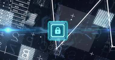 Siyah arkaplanda veri işleme üzerine asma kilit simgesi resmi. Küresel teknoloji, hesaplama, bağlantılar ve dijital arayüz konsepti dijital olarak oluşturuldu.