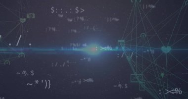 Siyah arkaplandaki simgelerle bağlantı ağı üzerinden veri işleme resmi. Küresel bağlantılar, teknoloji ve dijital arayüz konsepti dijital olarak oluşturuldu.