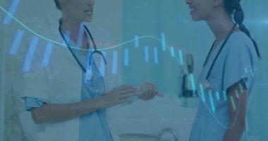 Hastanedeki sağlık uzmanları üzerinde tıbbi veri analizi görüntüsü. technology, digital, hemşireler, doktorlar, innovation, research