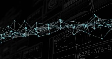 Siyah zemin üzerindeki DNA ipliği üzerinde istatistik ve dijital veri işleme resmi. Dijital olarak oluşturulmuş küresel bağlantılar, hesaplama ve veri işleme kavramı.
