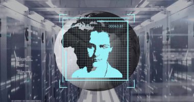 Sunucu odasında insan simgeleri ve dünya ile veri işleme görüntüsü. Küresel teknoloji ve dijital arayüz konsepti dijital olarak oluşturuldu.