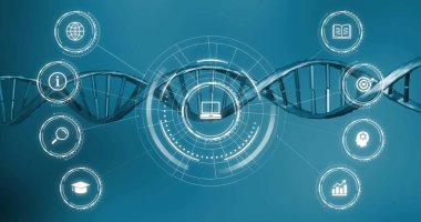 DNA ipliği üzerinde medya simgeleri. Teknoloji, bilim ve dijital arayüz kavramı dijital olarak oluşturulmuş görüntü.