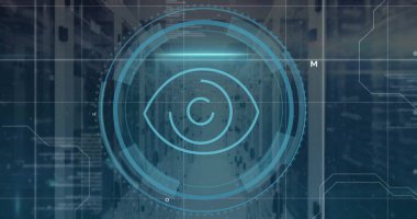 Bilgisayar sunucuları üzerinde dijital veri işleme ile göz simgesi resmi. Küresel bağlantılar, bulut hesaplama ve veri işleme kavramı dijital olarak oluşturulmuş resim.