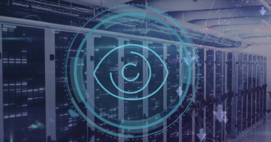 Bilgisayar sunucuları üzerinden arama simgesi ve veri işleme alanının görüntüsü. Küresel siber güvenlik, finans, bulut hesaplama ve veri işleme kavramı dijital olarak oluşturuldu.