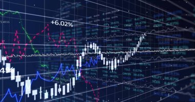 Karanlık arka planda finansal veri işleme resmi. Küresel finans, iş, bağlantılar, hesaplama ve veri işleme kavramı dijital olarak oluşturuldu.