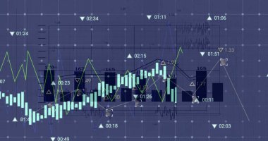 Finansal veri işleme görüntüsü ve karanlık arka plan istatistikleri. Küresel finans, iş, bağlantılar, hesaplama ve veri işleme kavramı dijital olarak oluşturuldu.
