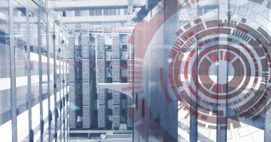 Bilgisayar sunucuları üzerinde veri işleme ile kapsam resmi. Küresel finans, iş, bağlantılar, hesaplama ve veri işleme kavramı dijital olarak oluşturuldu.