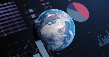 Veri işleme ve dünya üzerindeki diyagramların resmi. Küresel iş ve dijital arayüz kavramı dijital olarak oluşturulmuş görüntü.