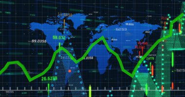 Siyah arka planda dünya haritasında finansal veri işleme resmi. Küresel finans, iş, bağlantılar, hesaplama ve veri işleme kavramı dijital olarak oluşturuldu.