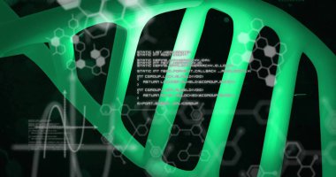 DNA ipliği ve bilimsel veri işleme görüntüsü. Küresel bilim, bağlantılar, hesaplama ve veri işleme kavramı dijital olarak oluşturulmuş görüntü.