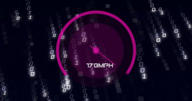 Siyah arkaplanda veri işleme üzerinde hız göstergesi resmi. Küresel teknoloji, hesaplama, bağlantılar ve dijital arayüz konsepti dijital olarak oluşturuldu.