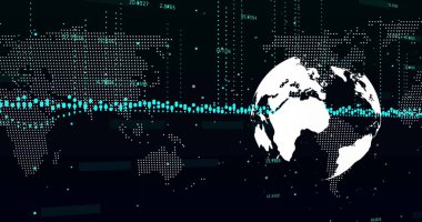 Dünya ve dünya haritasında finansal veri işleme resmi. Küresel finans, iş, bağlantılar, hesaplama ve veri işleme kavramı dijital olarak oluşturuldu.