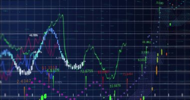 Karanlık arka planda finansal veri işleme resmi. Küresel finans, iş, bağlantılar, hesaplama ve veri işleme kavramı dijital olarak oluşturuldu.