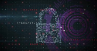 Karanlık arka planda dijital veri işleme ve asma kilit görüntüsü. Küresel siber güvenlik, bağlantılar, hesaplama ve veri işleme kavramı dijital olarak oluşturuldu.