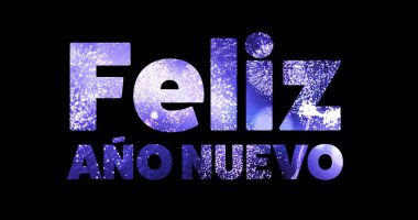 Felix ano nuevo metin ve siyah arka planda havai fişek resmi. Yeni yıl, yeni yıl arifesi, kutlama ve gelenek kavramı dijital olarak oluşturuldu..