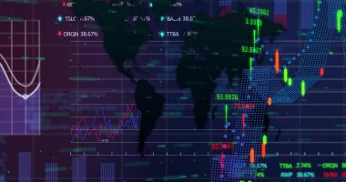 Dünya haritası üzerinde finansal veri işleme resmi. Küresel finans, iş, bağlantılar, hesaplama ve veri işleme kavramı dijital olarak oluşturuldu.