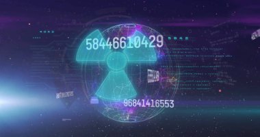 Veri işleme ve radyasyon uyarı işaretinin siyah arka plandaki görüntüsü. Küresel teknoloji, bilgisayar, çevrimiçi güvenlik ve dijital arayüz kavramı dijital olarak oluşturulmuş görüntü.