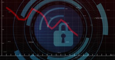 Siyah arkaplanda asma kilit simgesi üzerinde dijital veri işleme resmi. Küresel siber güvenlik, bağlantılar, hesaplama ve veri işleme kavramı dijital olarak oluşturuldu.