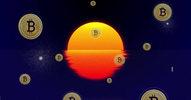 Bitcoin gün batımında suya yansıyan görüntüyü bozar. Kripto para birimi, engelleme zinciri, dijital, finans, yatırım, teknoloji