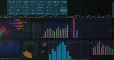 Siyah arkaplan üzerinden finansal veri işleme resmi. Küresel iş, bağlantılar, hesaplama ve veri işleme kavramı dijital olarak oluşturulmuş resim.