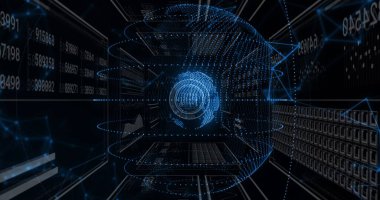 Karanlık arkaplan üzerinde istatistik ve dijital veri işleme resmi. Dijital olarak oluşturulmuş küresel bağlantılar, hesaplama ve veri işleme kavramı.