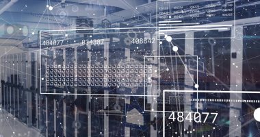 Bilgisayar sunucuları üzerinden veri işleme resmi. Küresel finans, iş, bağlantılar, hesaplama ve veri işleme kavramı dijital olarak oluşturuldu.