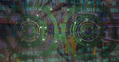 Depodaki finansal veri işleme görüntüsü. Küresel gönderim, iş, bağlantılar, hesaplama ve veri işleme kavramı dijital olarak oluşturuldu.